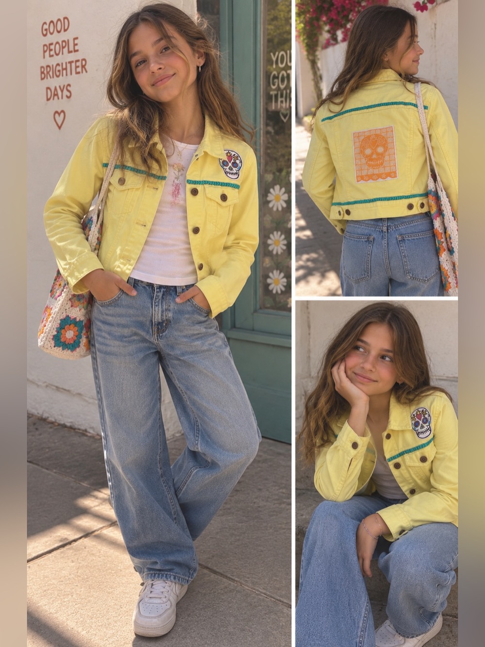 Custom Made Appliqué Yellow Denim Día de los Muertos Jacket